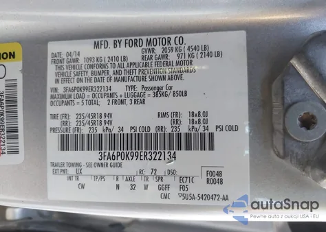 2014 Ford Fusion Titanium z USA, uszkodzony, nr VIN 3FA6P0K99ER322134